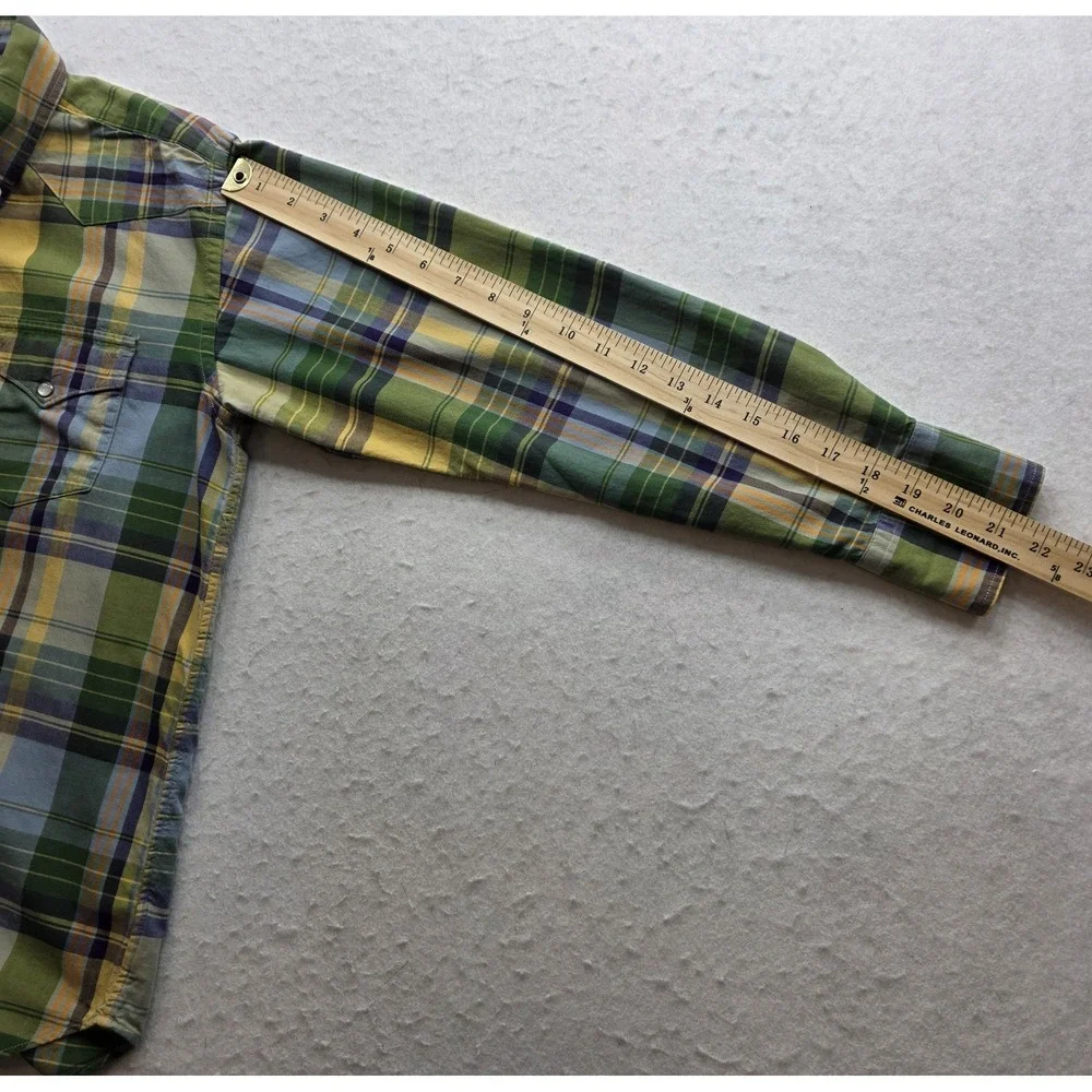 Ralph Lauren Boy's Western Pearl Snap Green Plaid Long SleeveShirt. Size L 16/18